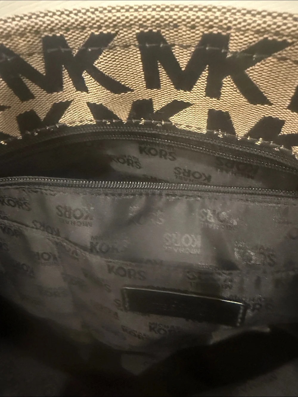 Michael Kors Bkack/Tan MK Logo Tote with Gold Chain Handles